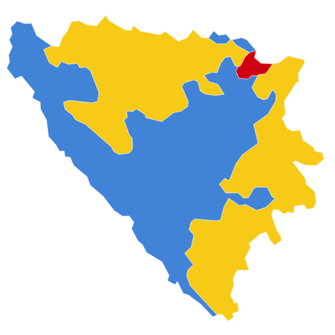 Verwaltungsgliederung von Bosnien und Herzegowina: Das Gebiet des Brčko Distrikts ist in Rot dargestellt, die Republika Srpska in Gelb und die Föderation Bosnien und Herzegowina in Blau. Diese Karte veranschaulicht die einzigartige territoriale Aufteilung des Landes in seine Hauptentitäten.